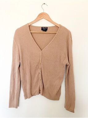Cherokee Ribbed V-Neck Button Front Cardigan - Beige - 100% cotton